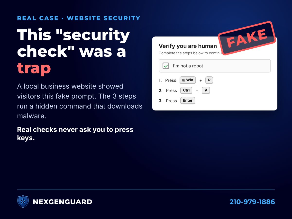 Illustration of a fake 'Verify you are human' check that tells visitors to press Windows key + R, then Ctrl + V, then Enter